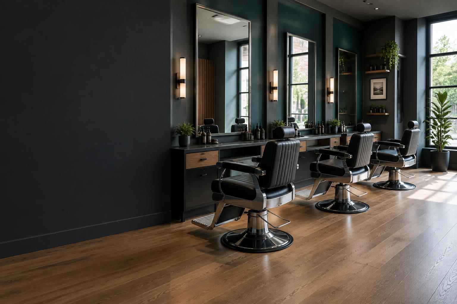 Illustrative empty shop interior, repeated mirrors and chairs expressing a well-run monthly rhythm